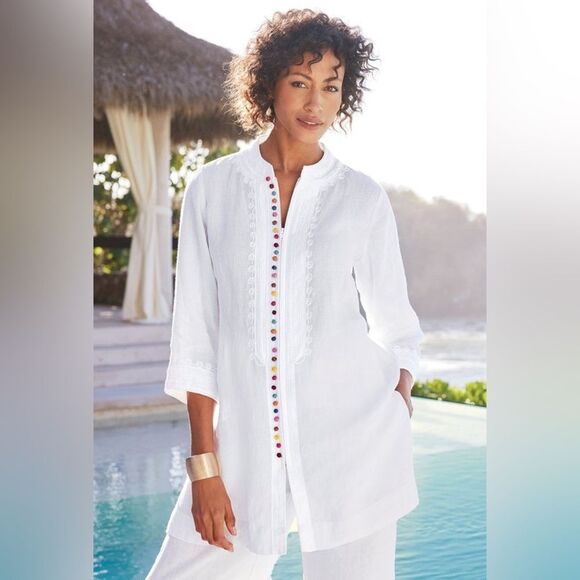 Soft Surroundings 100% Linen Blouse with Intricate Detailing - Picture 1 of 12